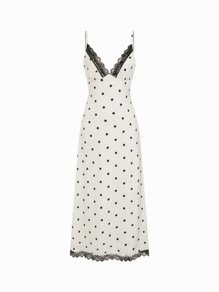 Polka Dot V-neck Lace Trim Backless A-line Maxi Dress