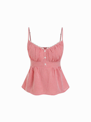 Cotton Stripe V-Neck Lace Panel Button Tie Back Peplum Cami Top