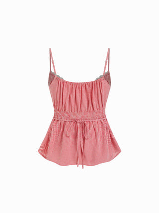Cotton Stripe V-Neck Lace Panel Button Tie Back Peplum Cami Top