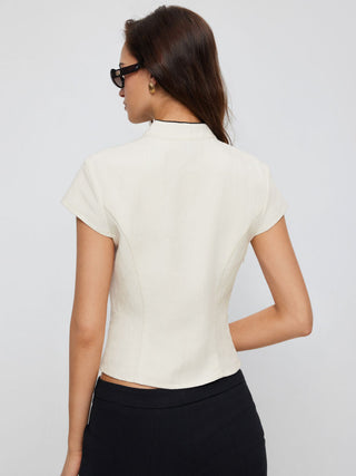 Linen-blend Stand Collar Short Sleeve Cut Out Contrasting Binding Blouse