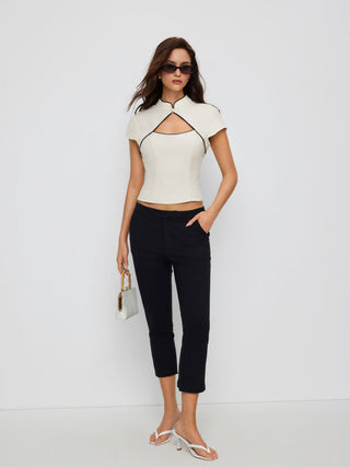 Linen-blend Stand Collar Short Sleeve Cut Out Contrasting Binding Blouse