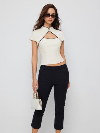 Linen-blend Stand Collar Short Sleeve Cut Out Contrasting Binding Blouse