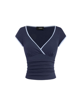 Cotton-blend V-neck Two Tone Top & Mid Rise Drawstring Straight Leg Trousers Set