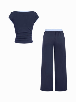Cotton-blend V-neck Two Tone Top & Mid Rise Drawstring Straight Leg Trousers Set
