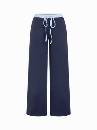 Cotton-blend V-neck Two Tone Top & Mid Rise Drawstring Straight Leg Trousers Set