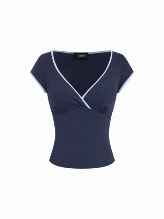 Cotton-blend V-neck Two Tone Top & Mid Rise Drawstring Straight Leg Trousers Set