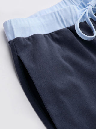 Cotton-blend V-neck Two Tone Top & Mid Rise Drawstring Straight Leg Trousers Set