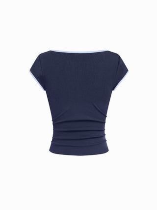 Cotton-blend V-neck Two Tone Top & Mid Rise Drawstring Straight Leg Trousers Set