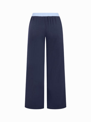 Cotton-blend V-neck Two Tone Top & Mid Rise Drawstring Straight Leg Trousers Set
