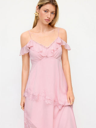 Chiffon V-neck Ruffle Sleeve Lace Panel A-line Maxi Dress