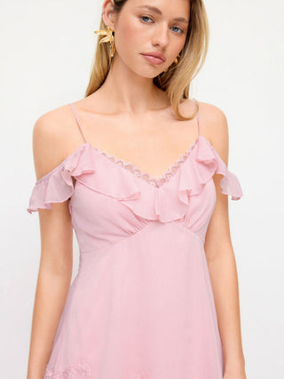 Chiffon V-neck Ruffle Sleeve Lace Panel A-line Maxi Dress