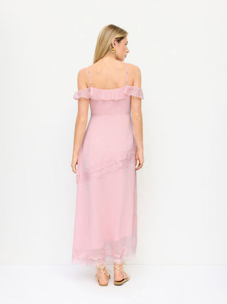 Chiffon V-neck Ruffle Sleeve Lace Panel A-line Maxi Dress