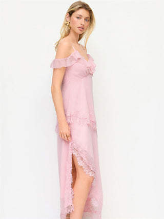 Chiffon V-neck Ruffle Sleeve Lace Panel A-line Maxi Dress
