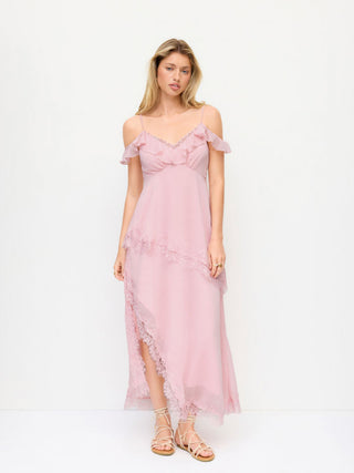 Chiffon V-neck Ruffle Sleeve Lace Panel A-line Maxi Dress