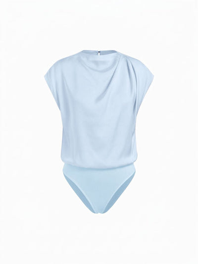 Satin Stand Collar Ruched Short Sleeve Bodysuit