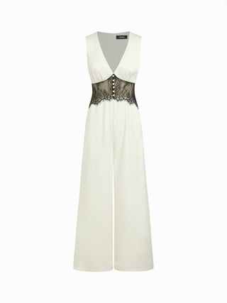 Satin V-neck Lace Panel Mid Rise Wide Leg Pocket Jumpsuit