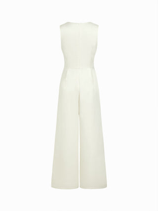 Satin V-neck Lace Panel Mid Rise Wide Leg Pocket Jumpsuit