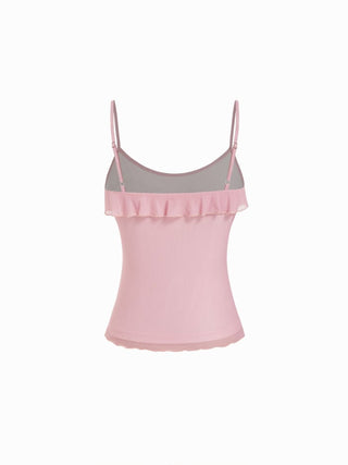 Mesh Floral Scoop Neck Ruffled Ruched Cami Top