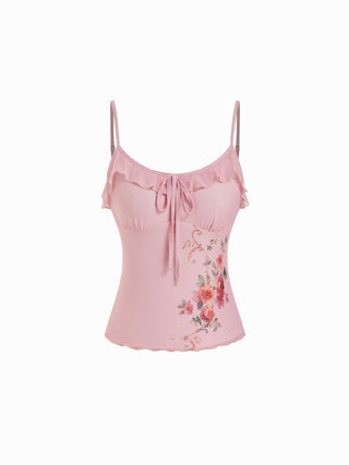 Mesh Floral Scoop Neck Ruffled Ruched Cami Top