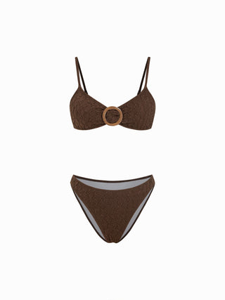 Textured Sweetheart Neck O-Ring Low Rise Cheeky Bikini Set With Sarong