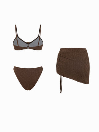 Textured Sweetheart Neck O-Ring Low Rise Cheeky Bikini Set With Sarong