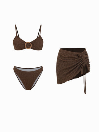 Textured Sweetheart Neck O-Ring Low Rise Cheeky Bikini Set With Sarong