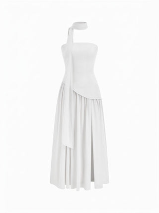 Chiffon Sculptural Halter Neckline Lace Up Maxi Bobycon Dress With Scarf
