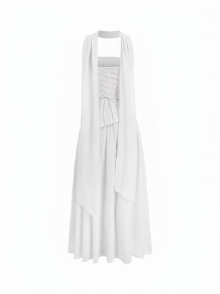 Chiffon Sculptural Halter Neckline Lace Up Maxi Bobycon Dress With Scarf