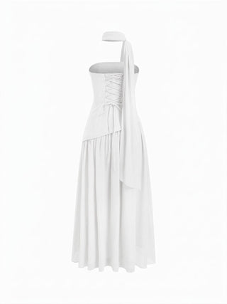 Chiffon Sculptural Halter Neckline Lace Up Maxi Bobycon Dress With Scarf