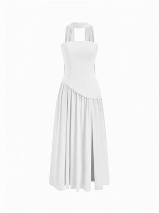 Chiffon Sculptural Halter Neckline Lace Up Maxi Bobycon Dress With Scarf