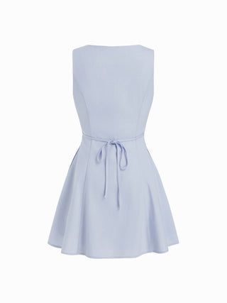 Linen-blend V-neck Button Through Tie Back A-line Mini Dress