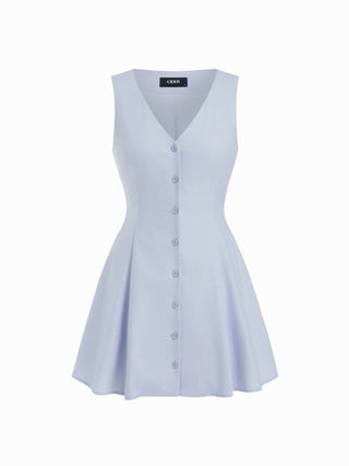 Linen-blend V-neck Button Through Tie Back A-line Mini Dress