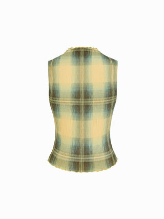 High Neck Plaid Texture Lettuce Trim Tank Top