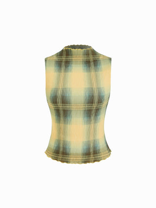 High Neck Plaid Texture Lettuce Trim Tank Top