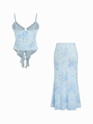 Floral Lace Trim Tie Front Cami Top & Mid Rise Bodycon Maxi Skirt Set