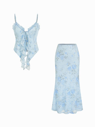 Floral Lace Trim Tie Front Cami Top & Mid Rise Bodycon Maxi Skirt Set