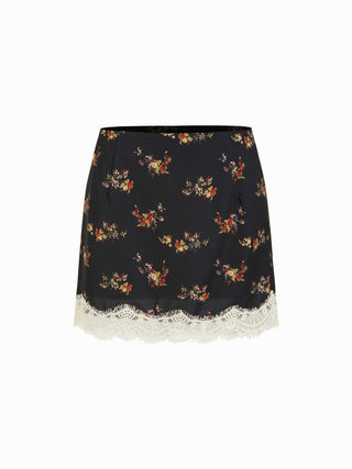 Woven Mid Rise Floral Lace Trim A-line Mini Skirt For Daily Casual Date