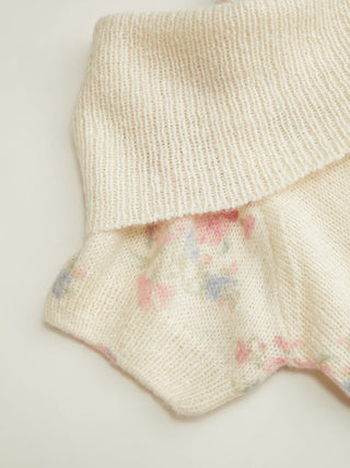 Knit Fabric Knit Wool-blend Floral Off-shoulder Lace Detail Puff Sleeve Top For Daily Casual Date