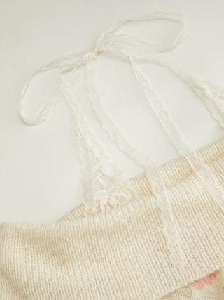 Knit Fabric Knit Wool-blend Floral Off-shoulder Lace Detail Puff Sleeve Top For Daily Casual Date