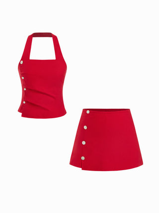 Linen-blend Linen-blend Halter Neck Ruched Top & Mid Rise Bodycon Mini Skirt Set For Daily Casual Vacation