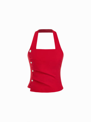 Linen-blend Linen-blend Halter Neck Ruched Top & Mid Rise Bodycon Mini Skirt Set For Daily Casual Vacation