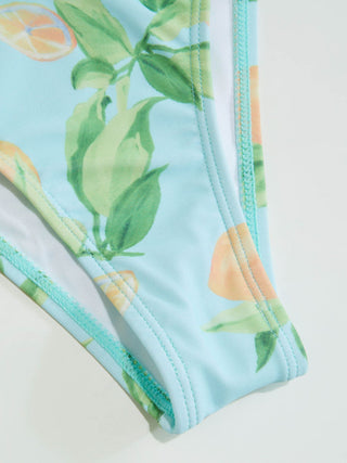 Knit Fabric Halter Neckline Fruit Graphic Tankini Low Rise Cheeky Bikini Set For Vacation Swimming Pool Beach