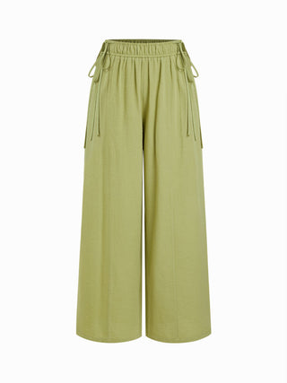 Cotton-blend Mid Rise Drawstring Wide Leg Trousers