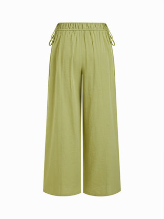 Cotton-blend Mid Rise Drawstring Wide Leg Trousers
