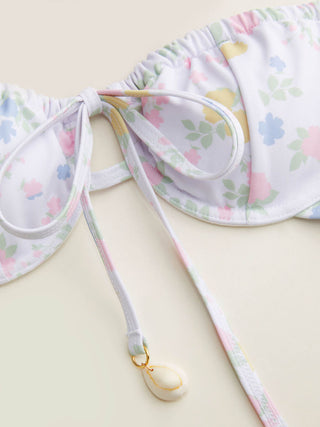 Jersey Sweetheart Floral Shell Detail Ruffle Underwire Low Rise Bikini Set For Swimming Pool Beach