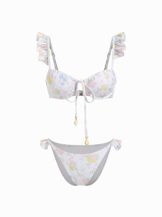 Jersey Sweetheart Floral Shell Detail Ruffle Underwire Low Rise Bikini Set For Swimming Pool Beach