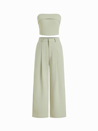 Two Piece Sets Woven Solid Shirred Tube Top & High Waist Pants Set For Daily Casual Exhibition Coffee Shop