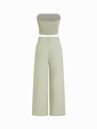 Two Piece Sets Woven Solid Shirred Tube Top & High Waist Pants Set For Daily Casual Exhibition Coffee Shop