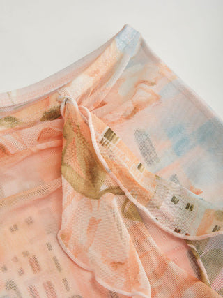 Knit Fabric Semi-sheer Low Rise Fruit Graphic Knotted Ruffle Hem Sarong For Vacation Swimming Pool Beach