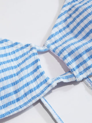 Textured Scoop Neckline Striped Cut Out Bracelet Bikini Set